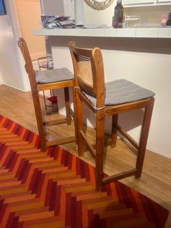Vintage Cane Back Oak Bar Stools – Pair