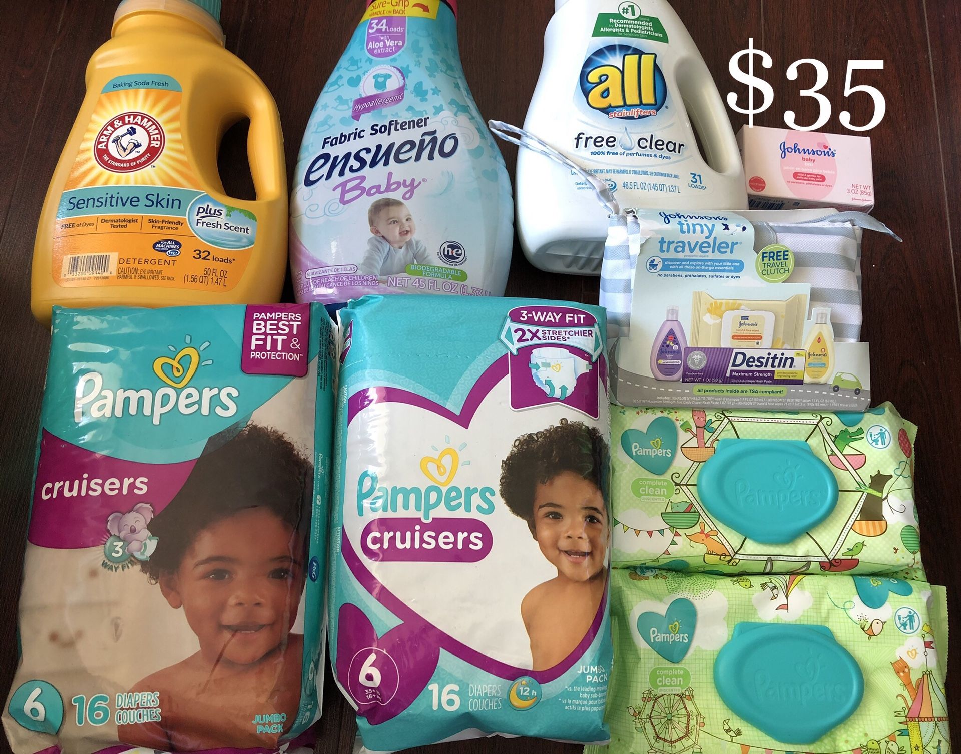2 PAMPERS Diapers, 1 Arm & Hammer & 1 All Laundry Soap; 1 Johnson Baby Traveler kit, 1 Johnson Baby Bath Soap, 1 Softener, 2 Baby Wipes: 9 items $35