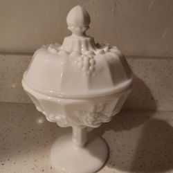 Westmoreland Milk Glass Grape Embellished Compote/Footed Pedestal Candy Dish W/ Lid