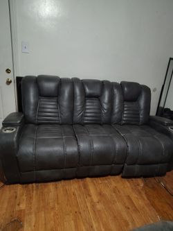 Black Leather Reclining Sofa with Cup Holders and LED lights