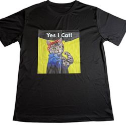 Cat Meme Funny Graphic Tee  “Yes I Cat Shirt Rosie the Riveter” Black Unisex