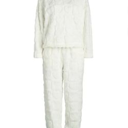 White Women's Embossed Plush Hoodie and Joggers Pajama Set, 2-Piece, Size XS. AI