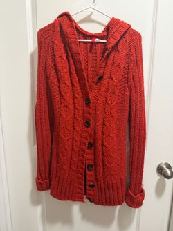 Cozy Burnt Orange Knit Hooded Cardigan Sweater