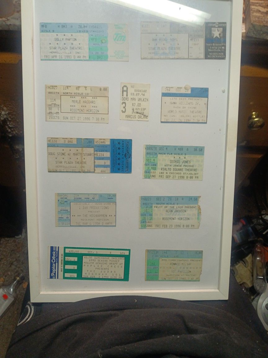 Glass Frame With Dolly Parton,Oak Ridge Boys,Merl Haggard,Hank Williams Jr, Alan Jackson, The Highwaymen, Ronnie Milsap, George Jones, Vintage Ticket 