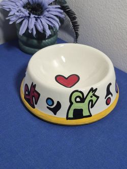 Hand-Painted Signed Colorful Ceramic Pet Food Water Bowl/Dish 