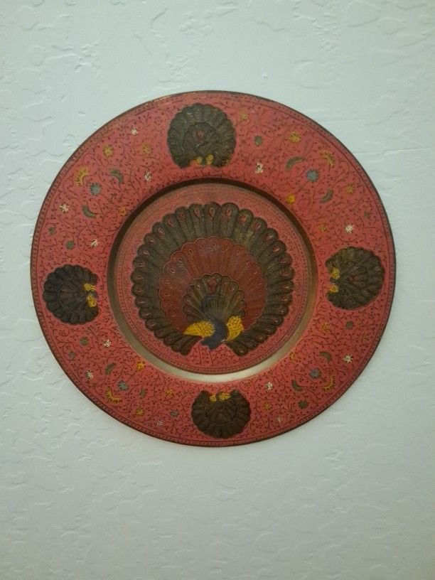 VINTAGE Peacock Brass and Enamel Wall Plate