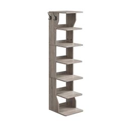 VASAGLE 7-Tier Vertical Shoe Rack Narrow Shoe Storage Organizer with Hooks - Heather Greige