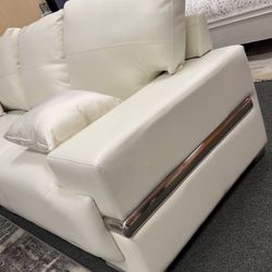 White Breathable Leatherette Sectional With Chrome Accents Pillows Included Brand New In Box Firm Price $1,100