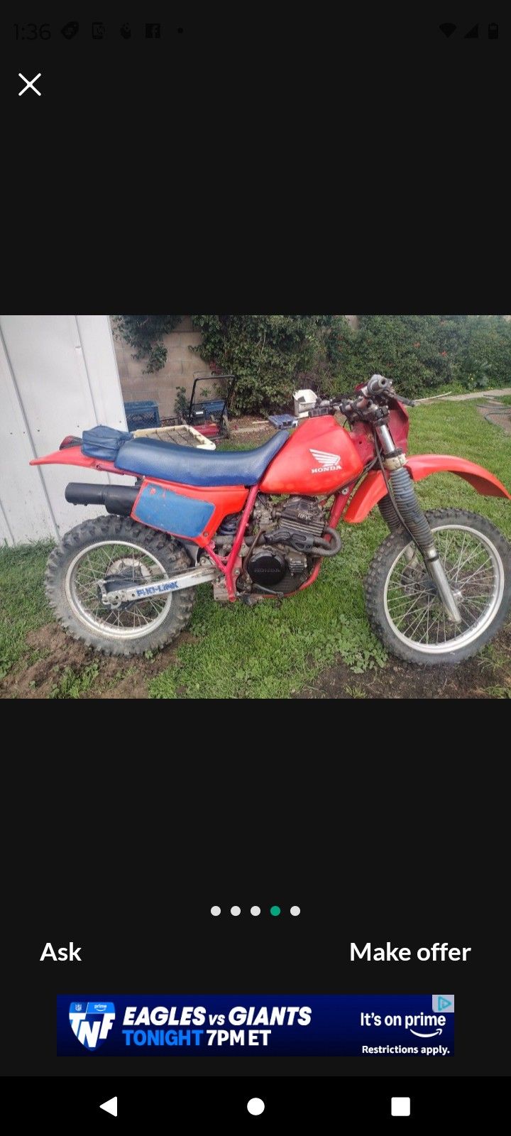 HONDA XR250 WITH TITLE ENDURO NOT PLATED RAN WHEN PARKED WITH LESS THAN 20 HOURS SINCE