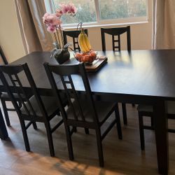 Large Black Extendable Dining Set Table & 6 Chairs Modern