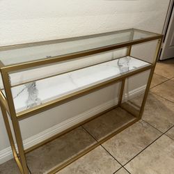Gold Metal and Glass Top Console Table with Faux Marble shelf . Still New,  