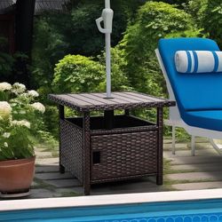 Umbrella Table with 2 Weight Bags Outdoor Patio Umbrella Side Table with Umbrella Hole Small Brown Wicker End Table for Outside Storage Coffee Table w