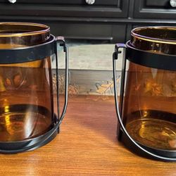 Decorative Black Metal and Amber Glass Candle Holder w/Handles (2x)