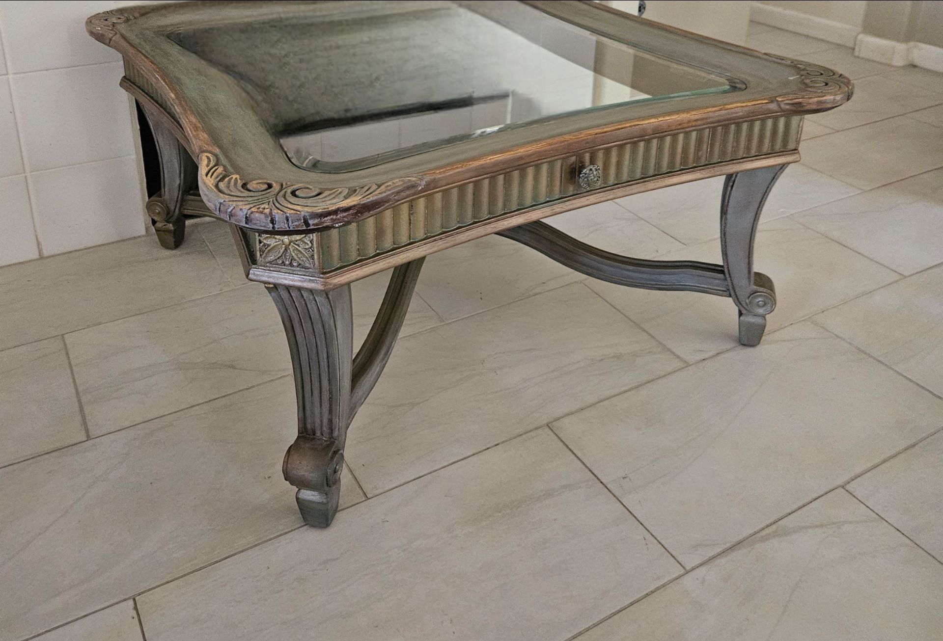 Antique seal wood top glass coffee table