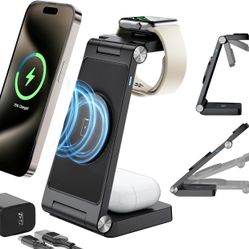 Magnetic Wireless Mag-Safe Charging Station, 3 in 1 Fast Max Charging for iPhone 16 15 14 13 12 Pro Max Plus, Charger Stand for Apple Watch Series & A
