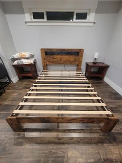 Queen bed frame with lighted headboard and shelves