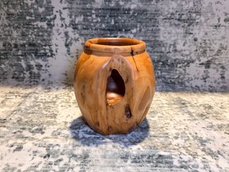Hand-Turned Teak Wood Vase with Natural Cutout