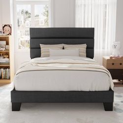  Twin Size Platform Bed Frame with Fabric Upholstered Headboard and Wooden Slats Support, Fully Upholstered Mattress Foundation/No Box Spring Needed/E