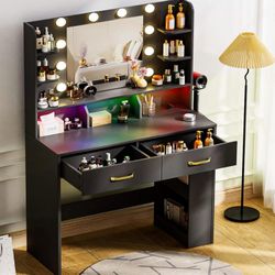 COMHOMA Vanity Desk with Lighted Mirror and Power Outlet, RGB LED Lights Makeup Vanity Set for Girls, Large Storage Capacity Dressing Table for Bedroo