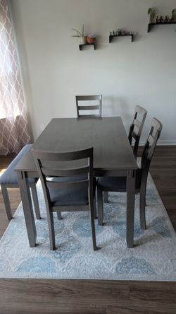 Dining Table Set – Table + 4 Chairs + Bench + Rug