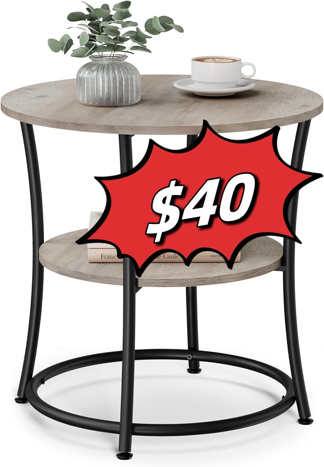 Side Table, Round End Table with 2 Storage Shelves