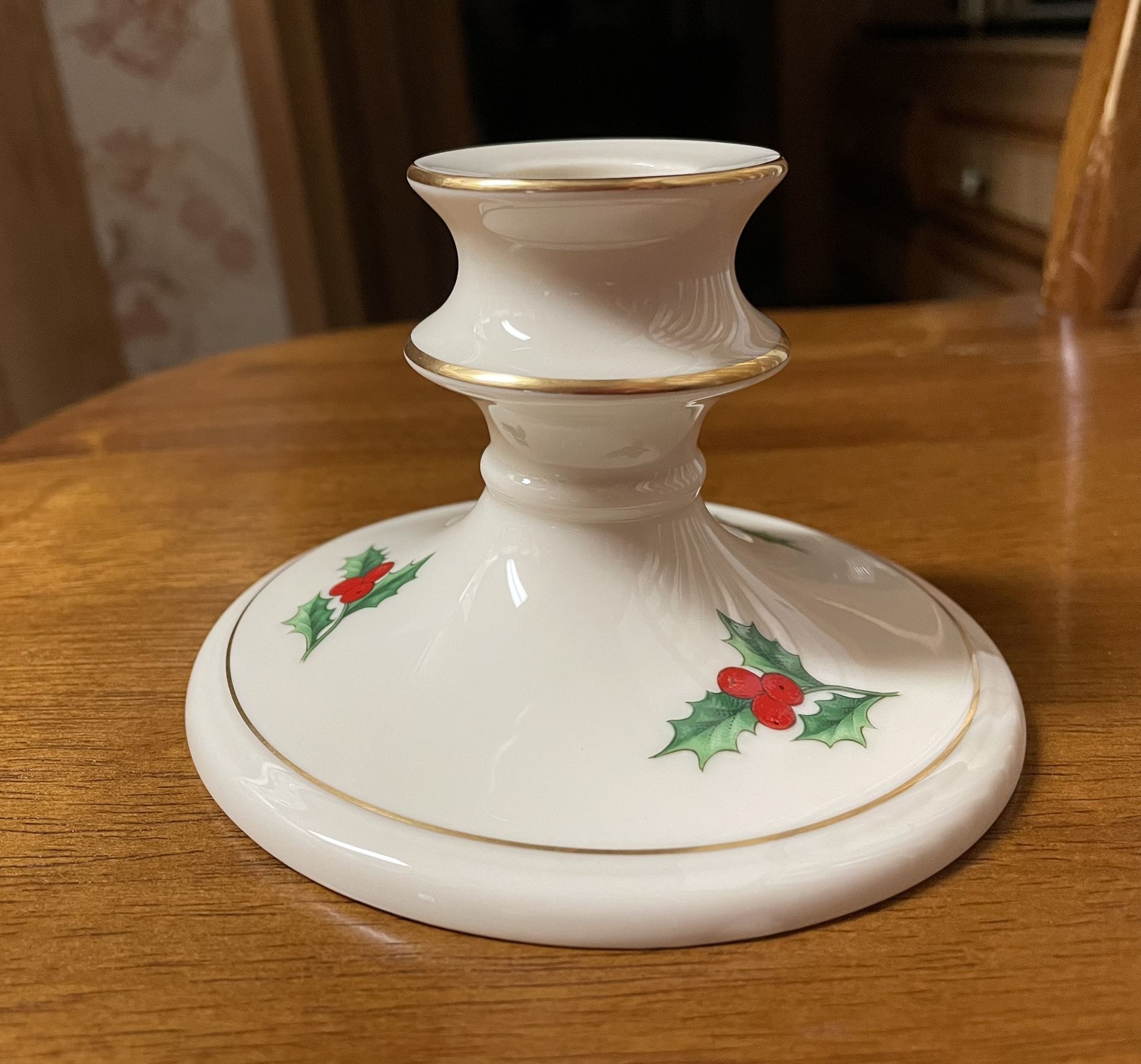 VINTAGE Pickard China Single Candlestick Holder - Christmas Holly w/Gold Edge