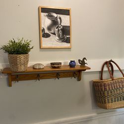 Rad Vintage 80s Handmade Oak Coat Rack Wall Display Shelf with Four Original Brass Hooks