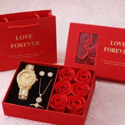 Luxury “Love Forever” Rose & Jewelry Gift Box Set – Watch, Necklace, Earrings & 6 Soap Roses | Valentine, Anniversary, Birthday Gift