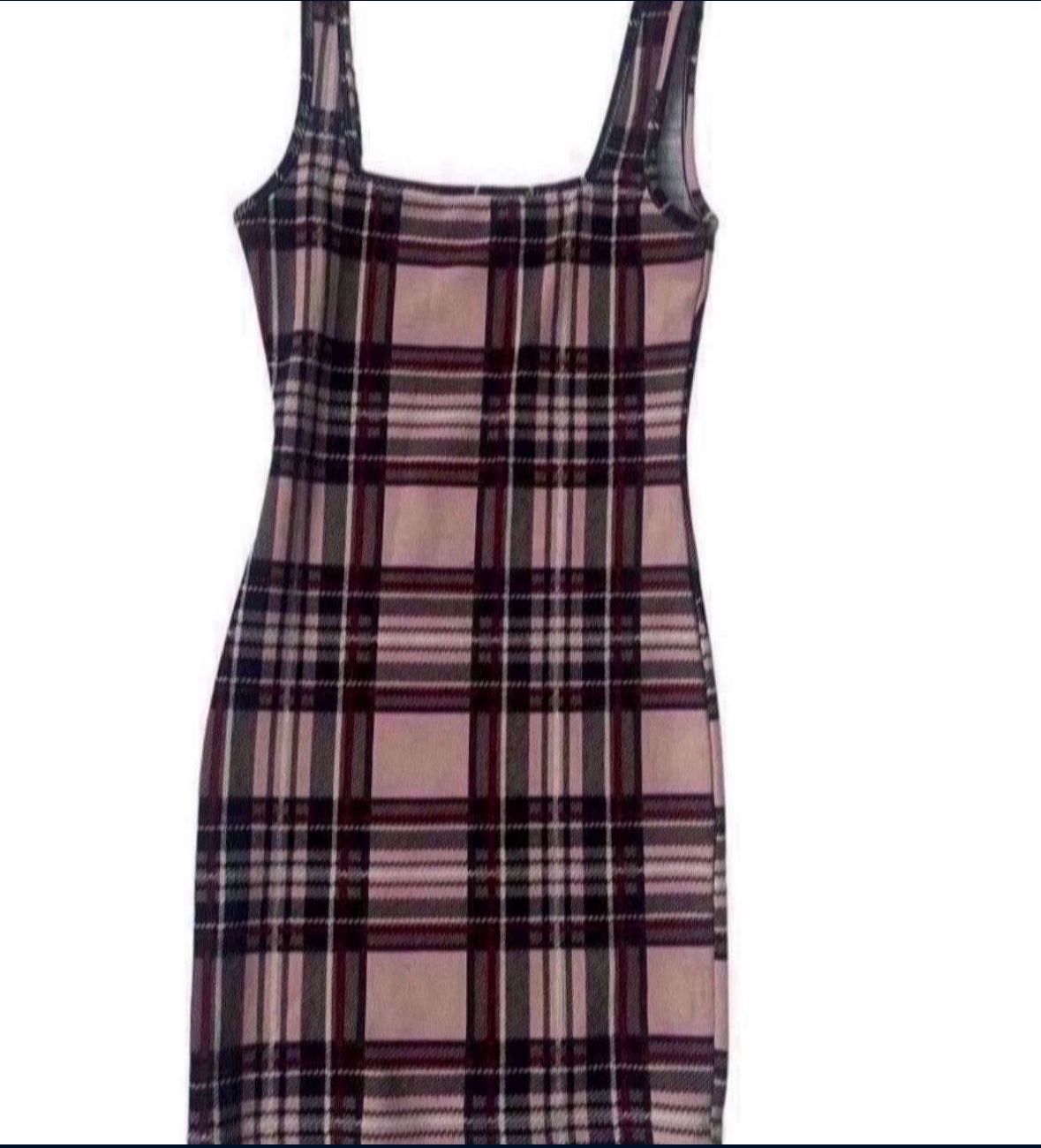Beige Red and Black Plaid Pattern Bodycon Slim Fit Dress Size Small