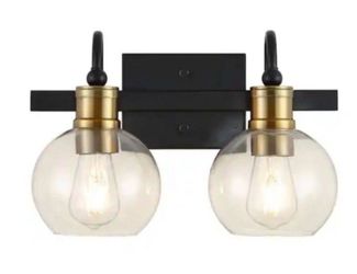 JONATHAN Y Marais 14.5 in. 2-Light Black/Brass Gold Iron/Glass Rustic Vintage LED Vanity Light