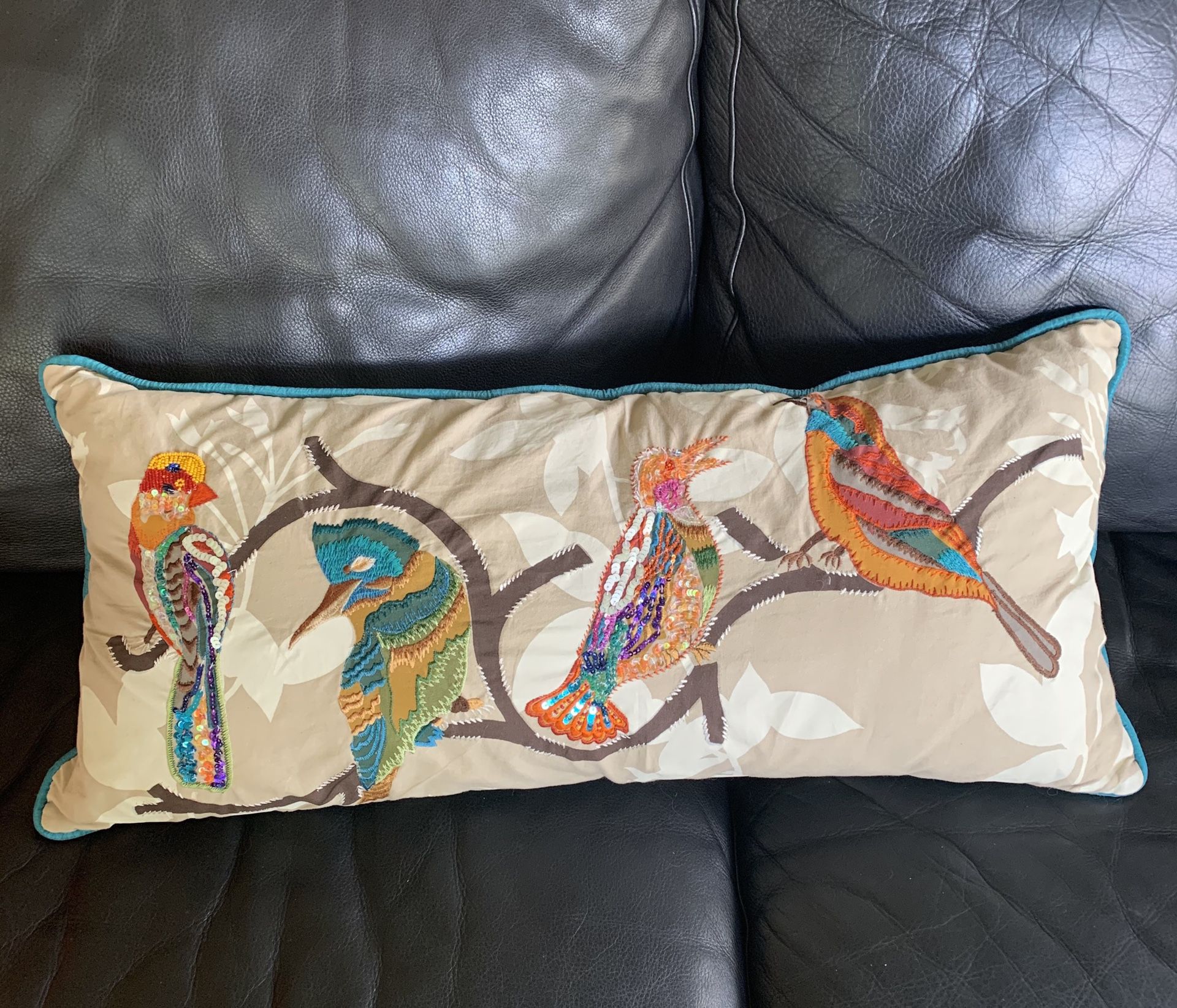 Pier One bolster pillow birds embroidered