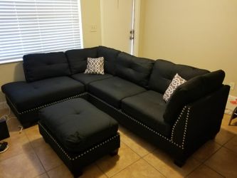 Black linen sectional sofa with ottoman, new in boxes 104x75
