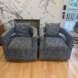Set of 2 Modern Swivel Accent Chairs (Blue Upholstery)