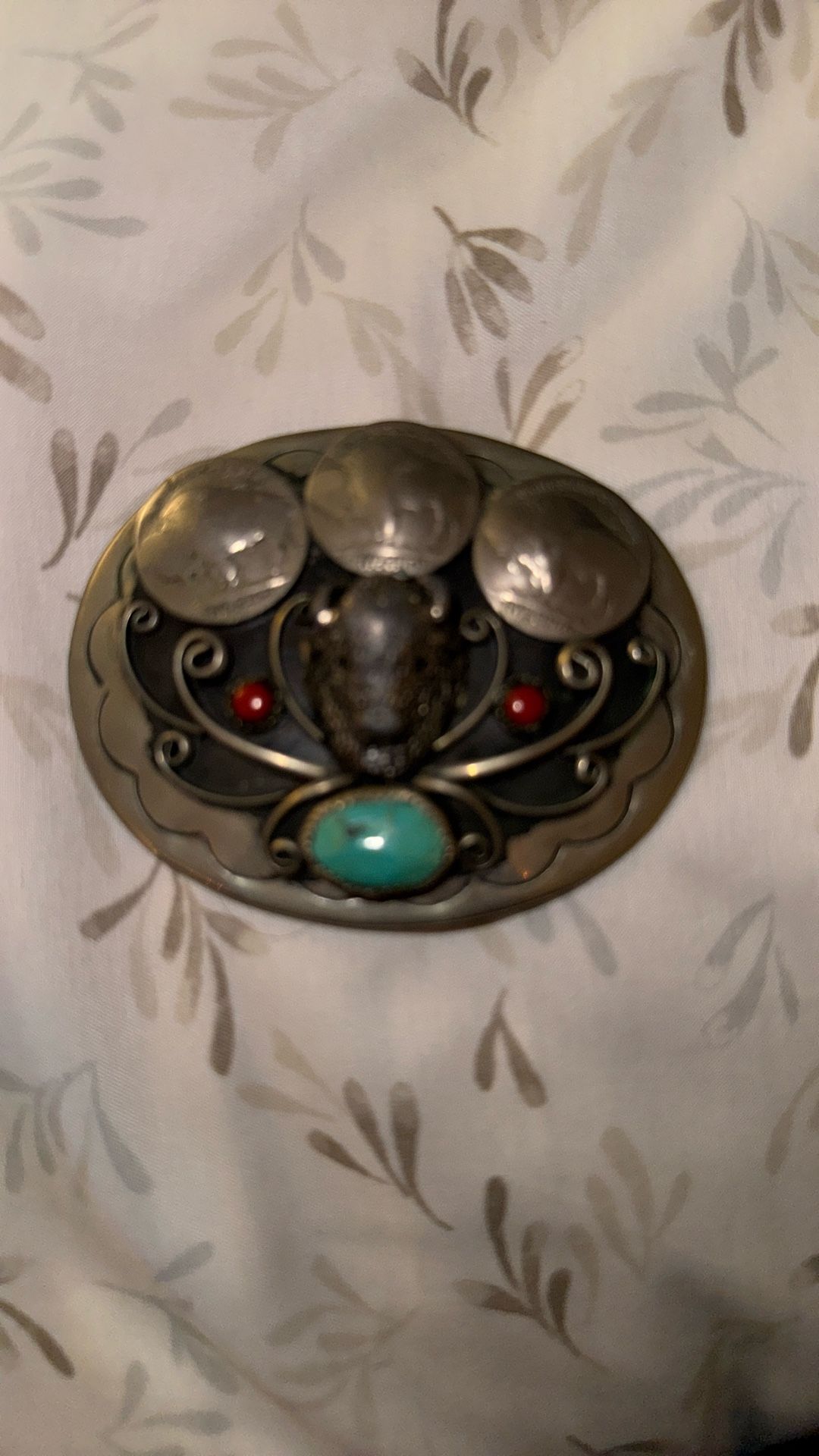 Belt Buckle Turquoise And Coral Gems Native American Jewelry 