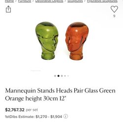 Mannequin Stands Heads Pair Glass Green Orange height 30cm 12"