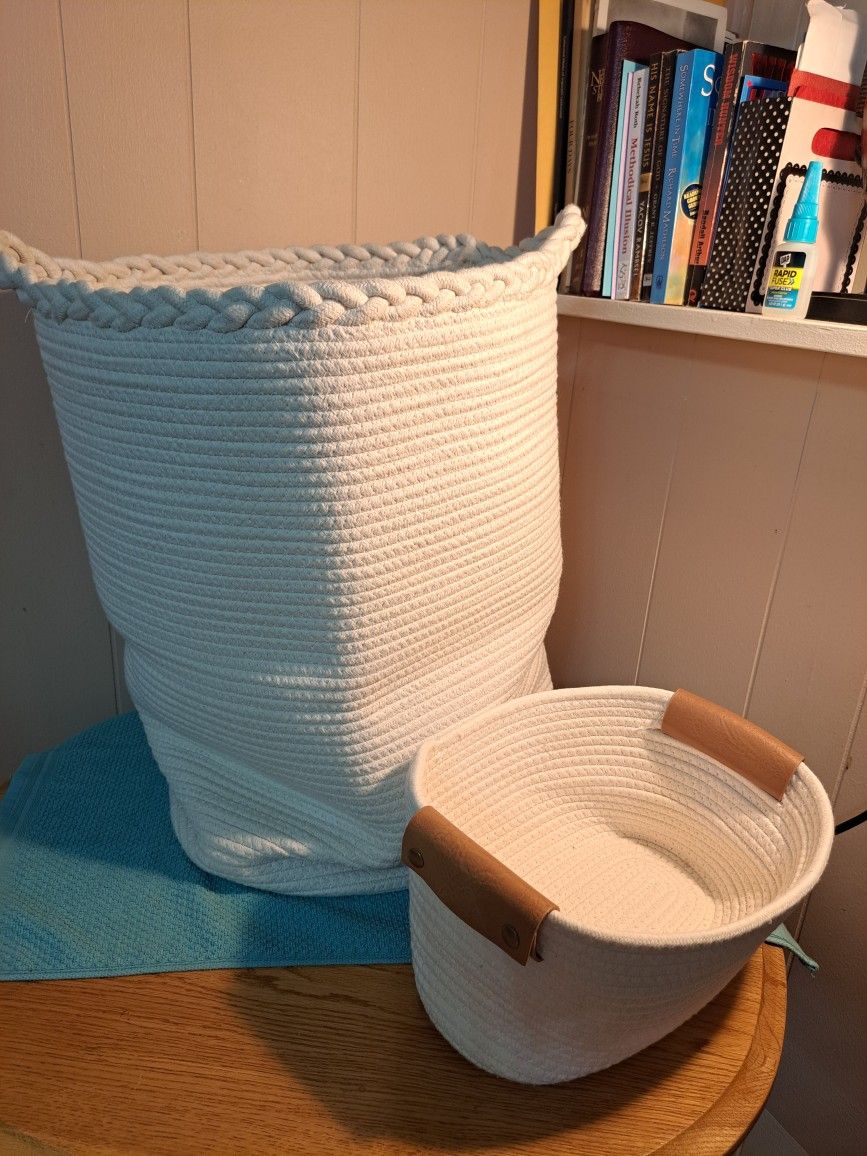 Decorative 19" Coiled Rope Laundry Basket & 12" Rectangle Storage Basket