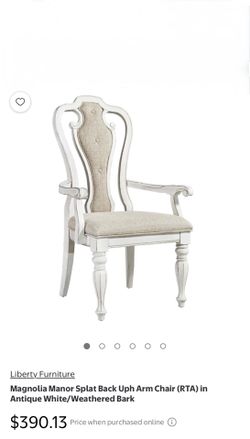 Magnolia Manor Splat Back Uph Arm Chairs and side chair (RTA) in Antique White/Weathered Bark, vintage dining chair