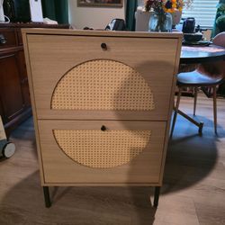Mid Century Modern Shoe Cabinet with Rattan Cane Detail