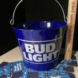 🎁 Bud Light Beer Ice Bucket & (12) Bar Coasters 