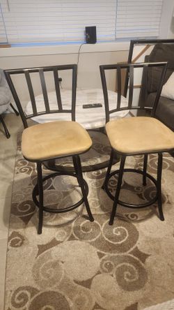 Set of 2 High-Back Swivel Stools - Black Metal & Beige Cushion