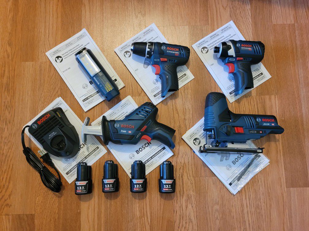 New Bosch Cordless Drill, Impact, Reciprocating Saw, Jigsaw, Light Kit with 4 Batteries and Charger. $250 Firm. Pickup Only