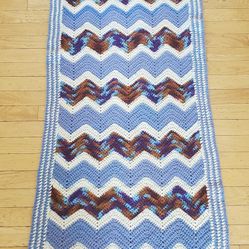 Handmade Crochet Chevron Lap Blanket Sofa Chair Throw Afghan Blue White 23"X77"
