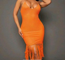 Orange Crochet Halter Fringe Midi Dress