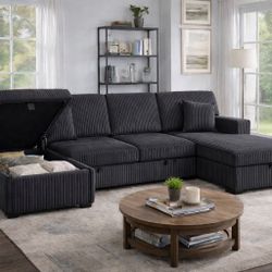 Oversized Corduroy Sofa Couch Sectional w/ Storage – Converts to Bed – New in Box
