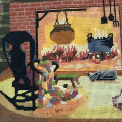 Vintage Autumn Southern Colonial Interior Needlepoint  Picture