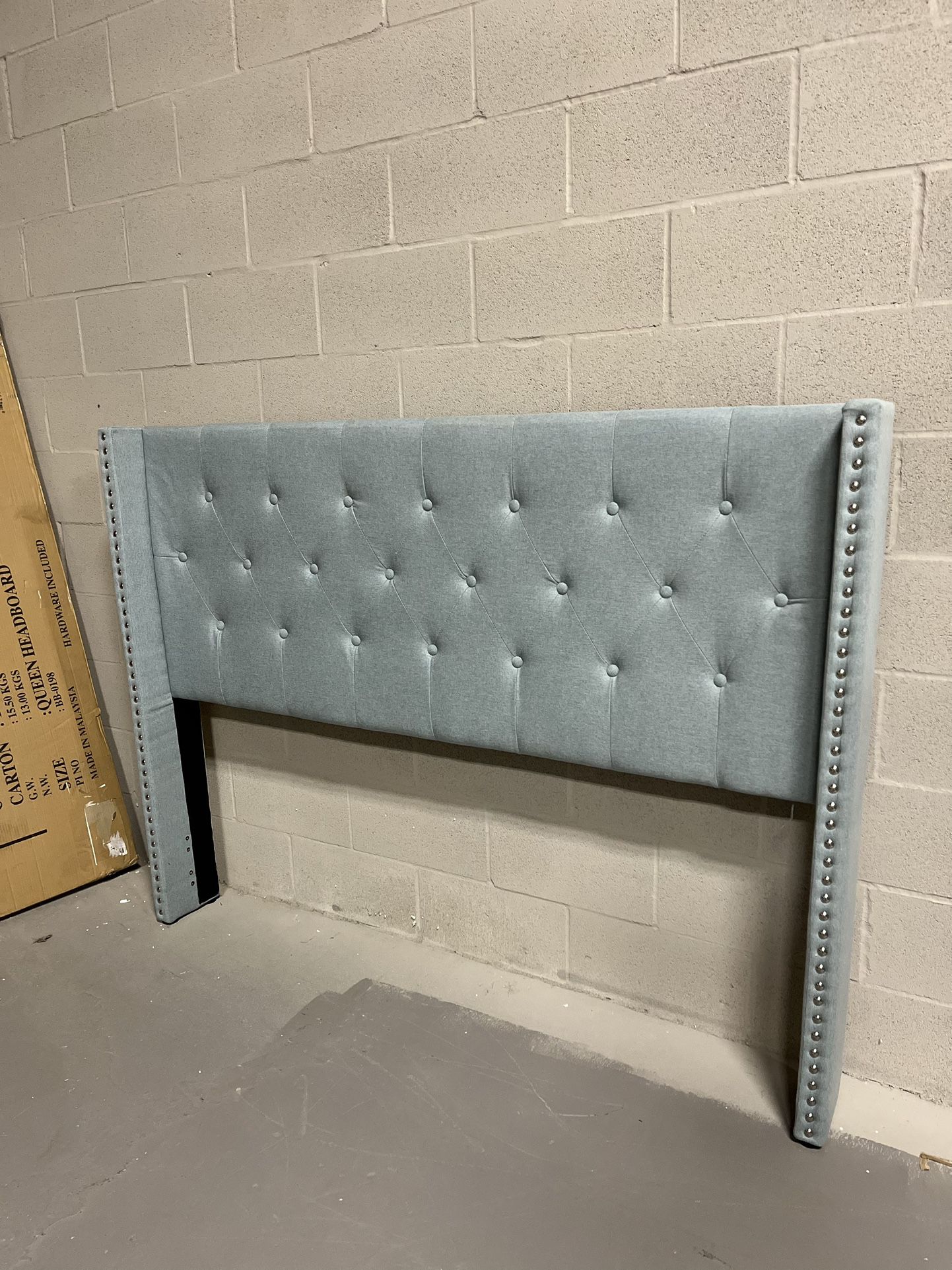 Queen Bed, Gray Teal Linen Complete Bed- headboard, footboard, and frame
