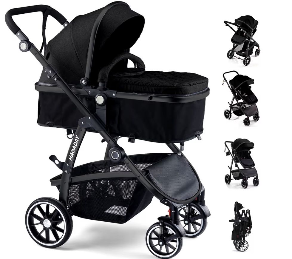 Baby Stroller, 2-in-1 Reversible Toddler Seat with Lie-Flat Mode, Foldable Infant Stroller with Canopy, One Button Brake, Adjustable Handle, Newborn P