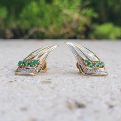 14K Gold Emerald Diamond Vintage Earrings (Jewelry Box Included)