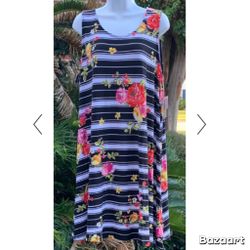 Sz XL Bobbie Brooks Tank Dress Sundress Stripes And Roses Stretch Knit NWT