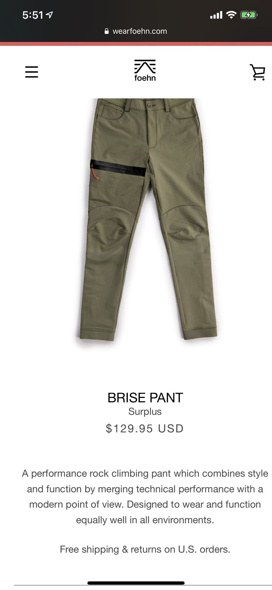 Foehn Rock Climbing Pants Size 34-32 *New* Brise Pant Surplus Limited Edition Due to Neon Yellow pocket liner.